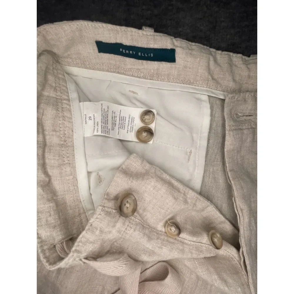 Perry Ellis Size 29(31) 100% Linen Flat Front Dress Pants Button Fly Cream Beach